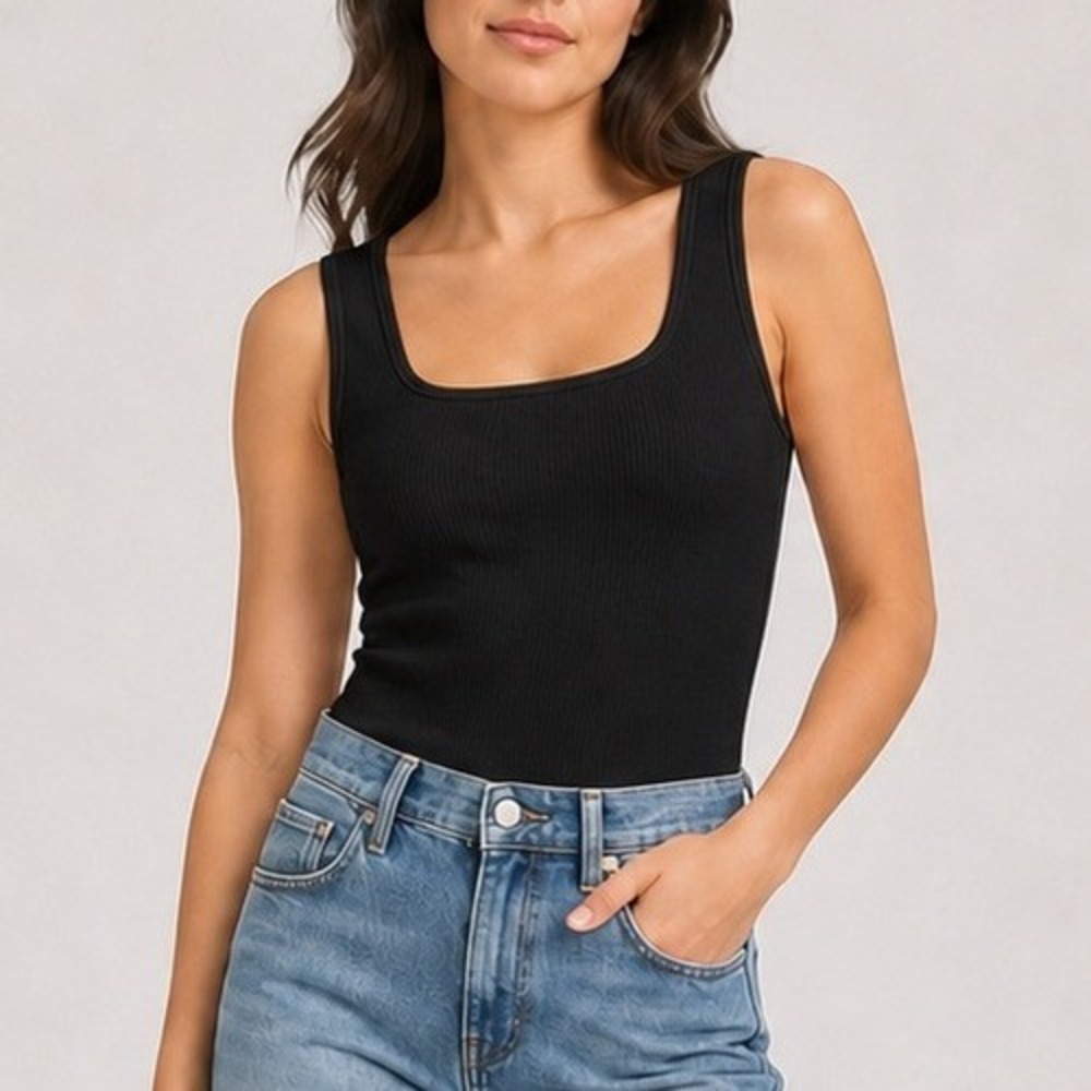 Quince Bodysuit Square Neck Organic Cotton Stretch Date Vacation Black Small NWT
